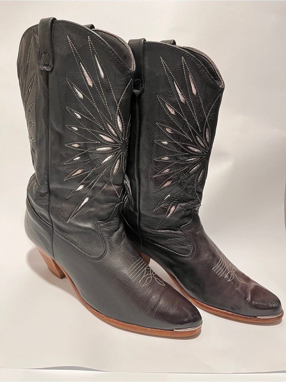 Vintage Dingo Western Boots Black Leather Starburst Inlay Silver Womens 9 Cowboy